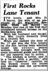 Newspaper report of first tenant into Rock Lane housing estate